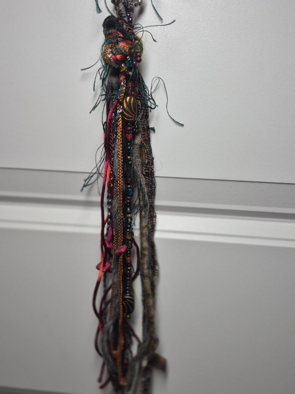 Handmade Boho Hair Wrap featuring Vibrant Yarn, Textured Fibers, Beads, Ribbons - Picture 9 of 9